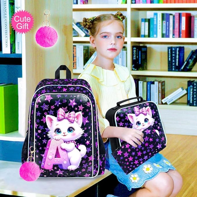 CCJPX 16" Cat Backpack for School, 3Pcs Girls Kids Bookbag with Lunch Box, Water Resistant Elementary School Bag for Kindergarten Preschool Toddler (Black)