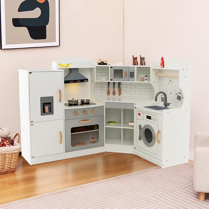 GLACER Corner Kids Kitchen Playset, Wooden Play Kitchen with Washing Machine, Ice Maker, Microwave, Oven, Sink & Facet, Pretend Toy Kitchen Set with Sounds & Lights for Toddler