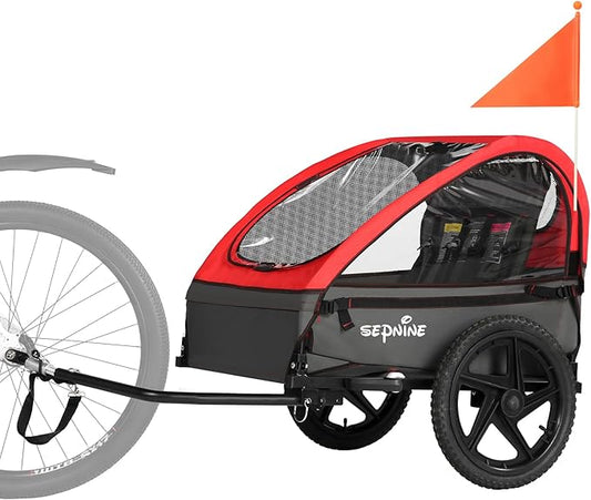 Sepnine Kids Bike Trailer, Suitable for 1 to 2 Kids, 12+ Months, Quick Attach to Bike, Foldable, with 5-Point Harness and Storage Bags