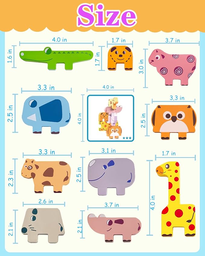 Montessori Toys for 1 2 3 Year Old Boys Girls, Toddler Toys Age 2-4, 10 Pack Wooden Animal Blocks Sorting & Stacking Education Toddler Puzzles Toy,1 2 3 Year Old Girl Boy Birthday Gifts