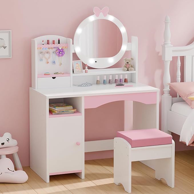 MU Kids Vanity Table and Chair Set – Princess Girls Vanity Set with Mirror, Lights, Jewelry Storage, and Cushioned Stool, Toddler Makeup Vanity for Little Girls, White
