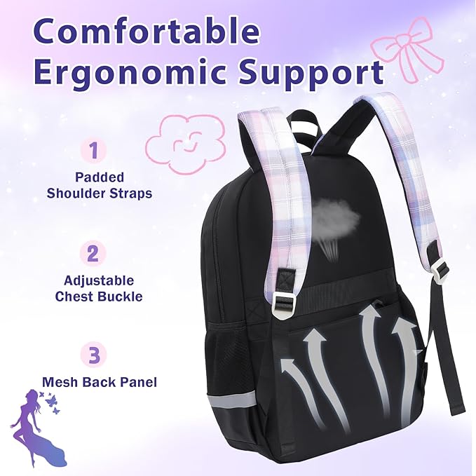 School Backpack for Girls Kids Bookbag for Elementary Middle School Casual Travel Daypack Teen Backpacks Black Set
