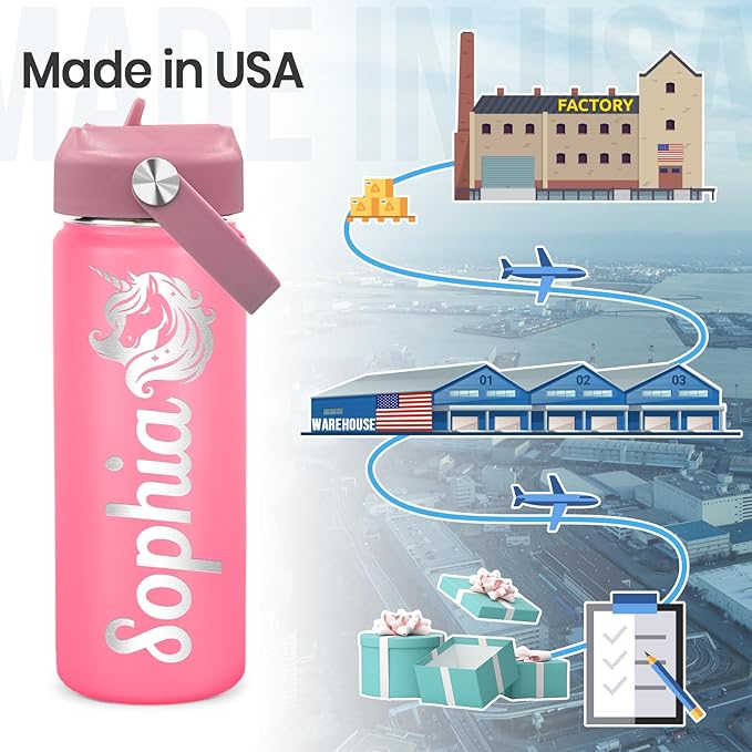 Made in USA - Personalized Kids Water Bottle with Name for School - Custom 18oz Water Bottle with Straw Lid Stainless Steel w/Engraved Names - Personalized Christmas Kids Gifts for Boys Girls