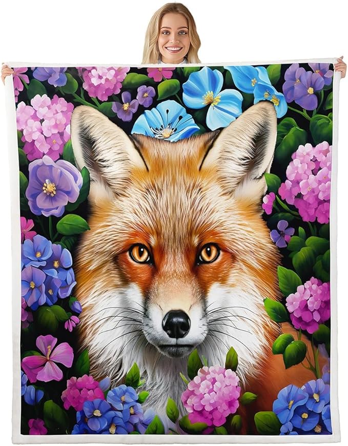 Fox Print Fleece Throw Blanket Cartoon Fox Sherpa Blanket for Kids Boys Girls Colorful Flowers Butterfly Plush Blanket Soft Decor Wild Fox Animal Fuzzy Blanket for Sofa Bed Couch, Baby 30x40 Inch