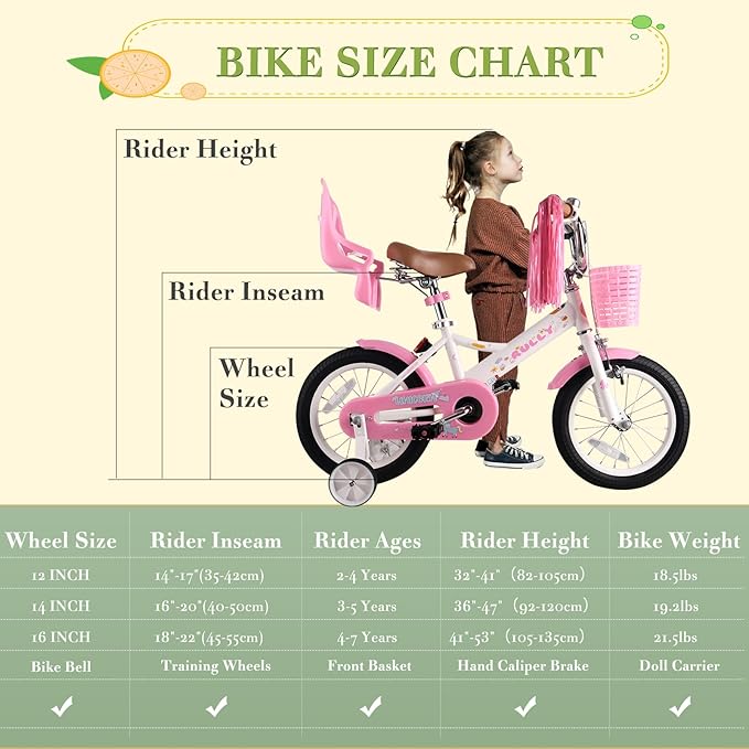 RULLY Kids Bike 12 14 16 inch for 2-7 Years Girls with Training Wheels & Front Handbrake, Kids Bicycle with Basket Bike Streamers Toddler Cycle Bikes
