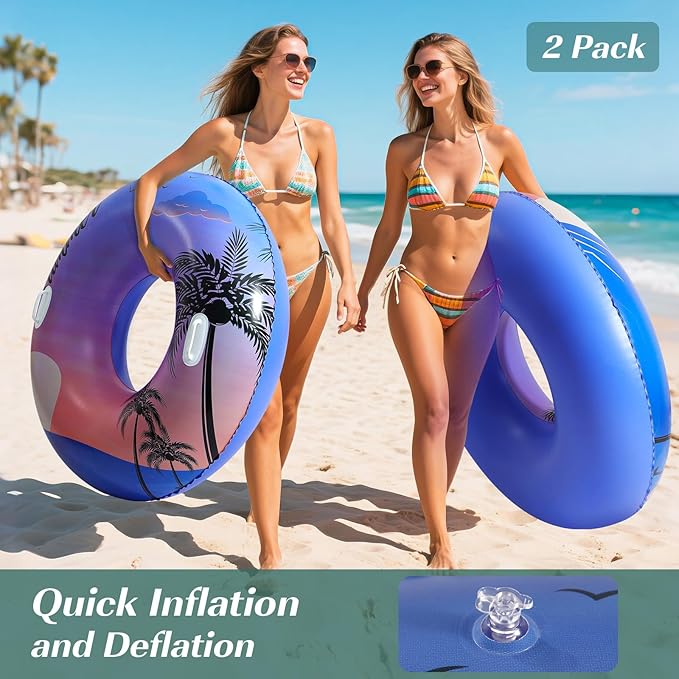 HeySplash Pool Tubes for Adult, 2 Packs 42 Inch Large Floats Tube Rafts with Handles, Inflatable Swimming Ring Lounge, Hawaii Fun Swim Floaties River Pool Beach Lake Party Decoration, Purple Sunset