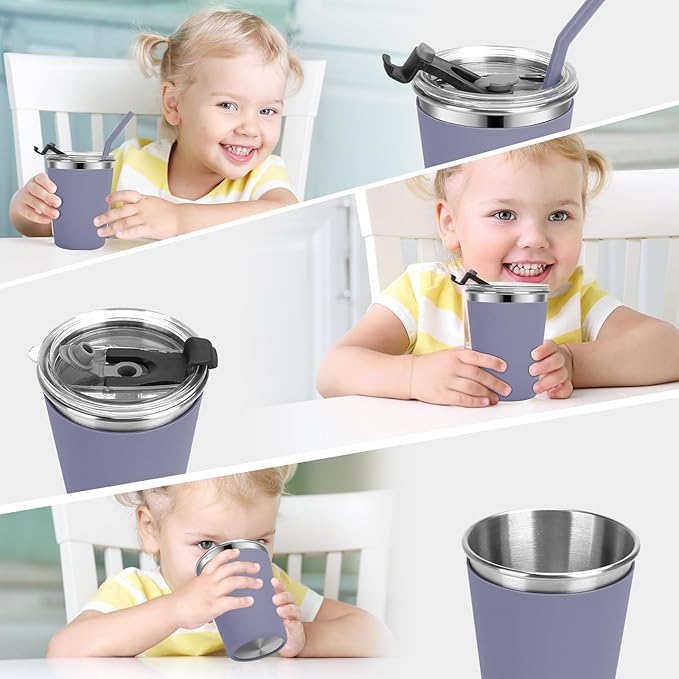 Stainless Steel Kids Cups with Lids and Straws Leakproof, 2 Pack 12oz Spill Proof Cups for Toddlers Kids Tumblers Unbreakable Sippy Cup with Straws for School, Outdoor (Dark Gray & Gray)