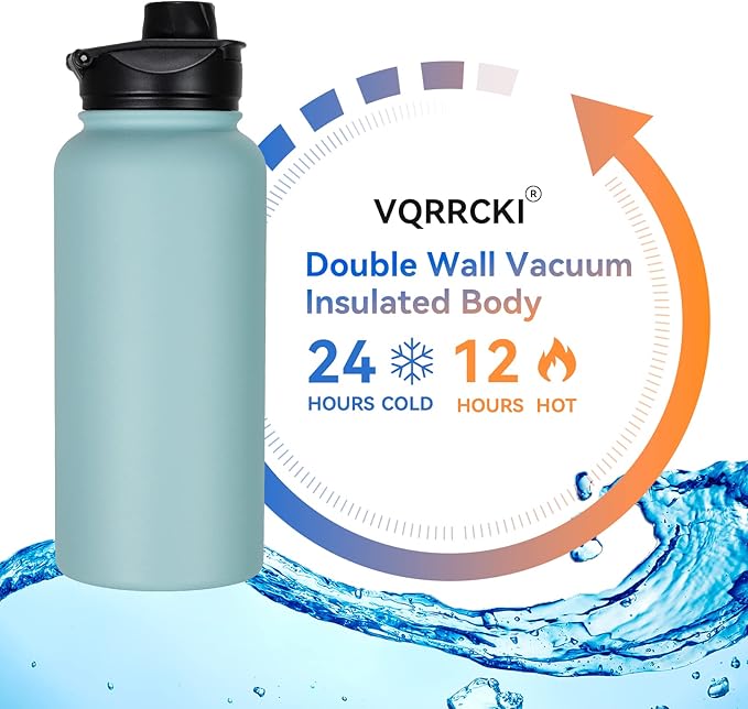 32 oz Insulated Water Bottle with Straw Lid & Wide Mouth Lids, Stainless Steel Sports Water Bottles, Double Walled Vacuum, Leak Proof, Turquoise Blue