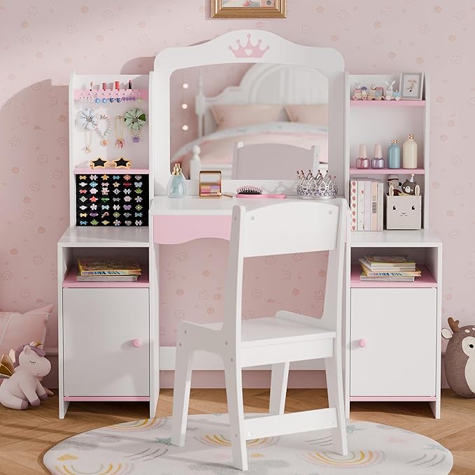 Kids Vanity, Girl Vanity Set with Storage Cabinet & Open Shelf, 2 In 1 Kids Vanity Table and Chair Set with Jewelry Storage, Princess Toddler Makeup Vanity with Mirror for Little Girls (White)