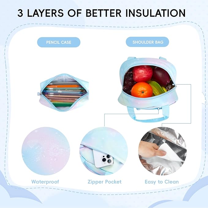 Tanou Backpack with Lunch Box for Girls, Kawaii Set School Bag for Kid Elementary Middle School, Aesthetic Laptop Bookbag Lightweight, Blue