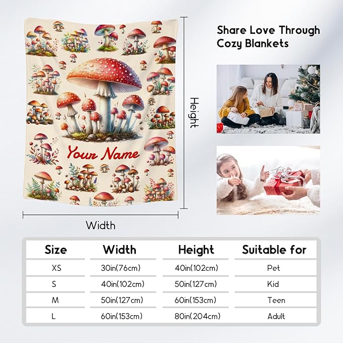 Kids Blankets Gifts Mushroom Blanket for Girls, Personalized Mushroom Gifts, 60"x80" Custom Cozy Fleece Throw for Girls Women Adults