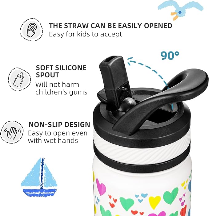 Fanhaw 18 Oz Kids Insulated Water Bottle with Straw - Stainless Steel Double Wall Vacuum Cup, Leakproof, BPA Free, Suitable for Boys and Girls(White - Rainbow Hearts)