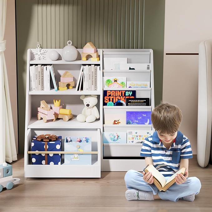 Kids Bookshelf with Toy Storage Organizer Movable Drawer, Toddler Bookcase 5 Sling Child Book Rack 4-Tier Shelf Cabinet Chest with Wheels for Nursery,Playroom,Bedroom,Living Room,Classroom