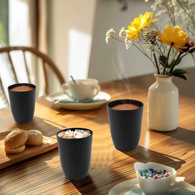 6 Pack Wheat Straw Cups 12 oz, Plastic Cups Reusable Drinking Cup, Small Kids Cup, Unbreakable Water Cup Set Dishwasher Safe for Kitchen, Camping, School (Black)