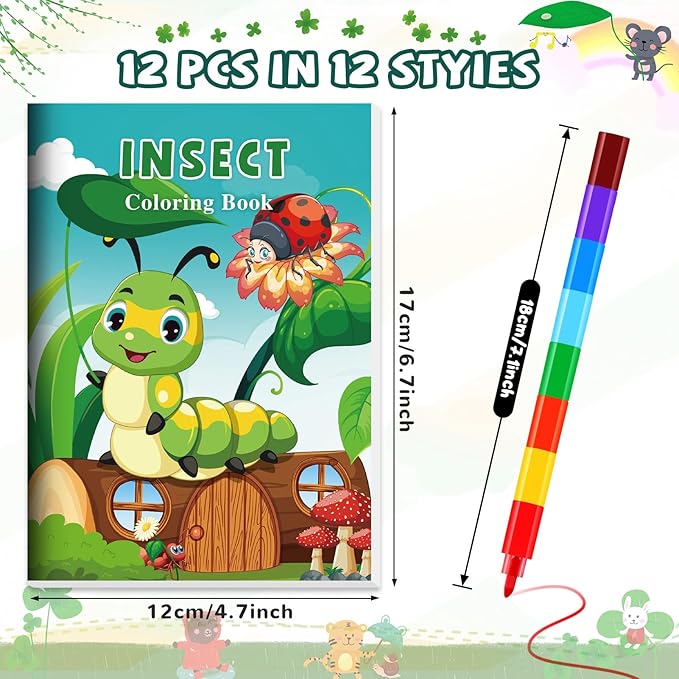 BenLouis 12 Insects Mini Coloring Books Kids with 12 Stacking Crayons Spring Bugs Party Favors Small Activity Books Bulk for Kids Butterfly Bee Party Gift Goodie Bag Stuffers