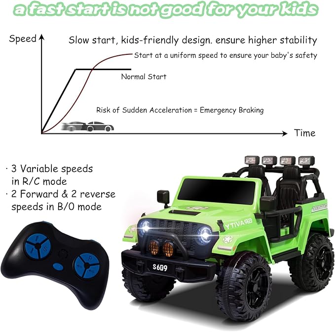 OTTARO 2 Seater Ride on Car Truck, 12V Large Electric Cars Vehicles, 2 Seater Battery Powered Cars for Kids with Remote Control, Spring Suspension, LED Lights, Music(Green)