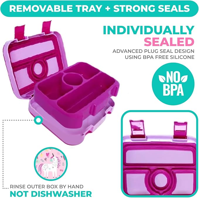 kinsho Bento Lunch Box with Insulated Bag and Water Bottle Set for Kids Toddlers, 4 Portion Sections, Removable Tray, Pre-School Girl Toddler Daycare Lunches, Snack Container, Pink Unicorn