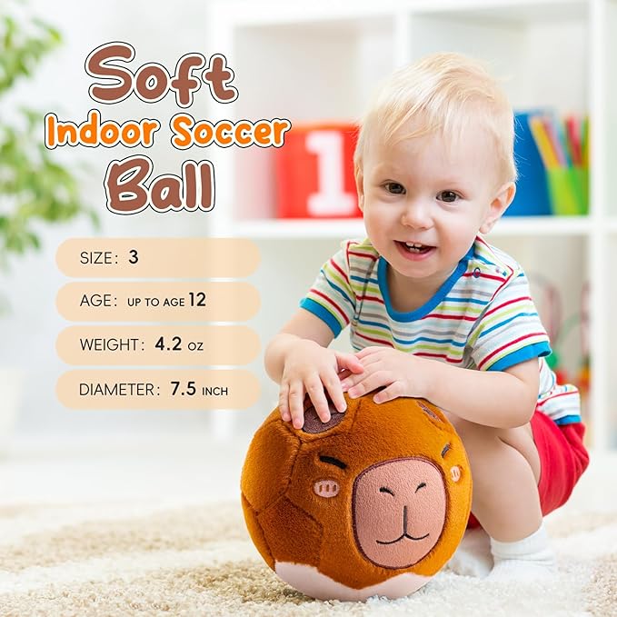 Silent Indoor Soccer Balls for Toddlers, Inflatable Soft Plush Baby Toddler Soccer Ball Toys Gifts for 0+Year Old Boy Girl First Birthday Gift (Capybara, Pump Include)