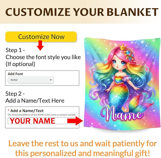 Blanket for Kids Girls 3-4 Personalized Cute Mermaid Themed Stuff Blanket, 30x40 Inches Small Lap Size Soft Fluffy Warm with Name Mermaid Throws Gifts for Sofa Chairs Birthday Party Decor