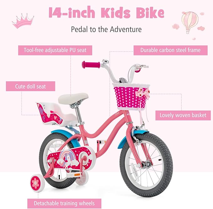 BABY JOY Kids Bike, 12 14 16 18 Inch Children Bicycle w/Detachable Training Wheels, Storage Basket, Adjustable Seat & Handlebar, Bow or Streamer, Girls Bike for 3-8 Years Old
