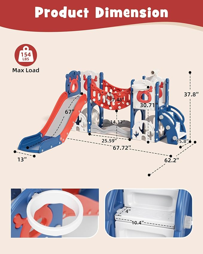 XJD Toddler Slide,11 in 1 Kids Slide for Toddlers 1-3, Toddler Climbing Toys,New Upgrade with Golf Set, Basketball Hoop for Indoor Outdoor Playset (Blue Red)