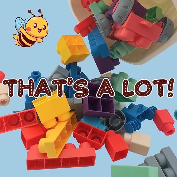 Big Soft Building Blocks for Toddlers 1-3 Year Olds - 50 Pieces in Storage Bin on Wheels - STEM Large Squishy Rubber Blocks for Sensory & Motor Skills - Montessori Stacking Baby Toys