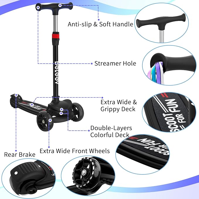 BELEEV A8 Scooter for Kids Ages 3-12, 3 Wheel Folding Scooter for Toddlers Girls Boys, LED Light-Up Wheels, 4 Adjustable Height, Lean to Steer, Extra Wide Wheels, Three Wheel Kick Scooter for Children