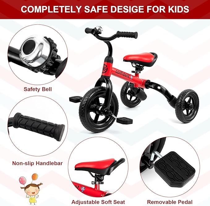 XPIY Tricycle for Toddlers Age 2-5 Years Old, 3 in 1 Folding Toddler Bike for Boys and Girls, Kids' Bike Trike with Detachable Pedal and Adjustable Seat (RED)
