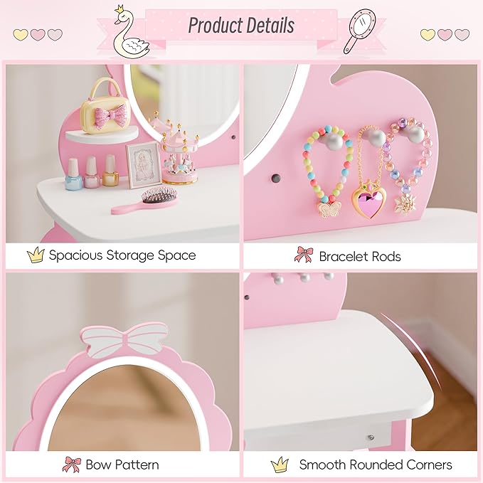 MU Kids Vanity Set with Lighted Mirror and Stool, Kids Makeup Vanity Desk with Storage Space, Bow Pattern for Little Girls, Toddler Princess Makeup Dressing Table with Chair Set, Pink