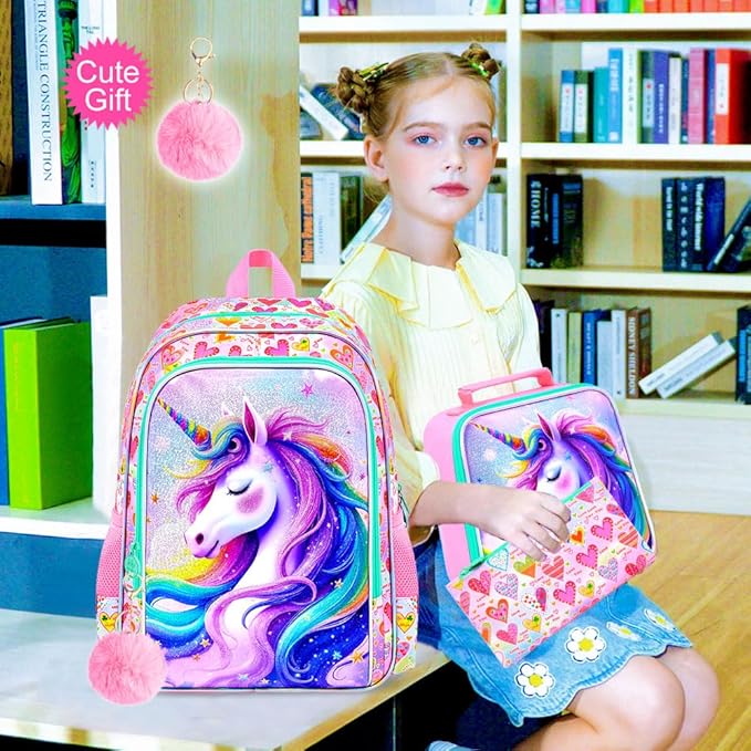 CCJPX 3Pcs Unicorn Backpack, 16” Kids Girls Bookbag with Lunch Box, Water Resistant Elementary School Bag for Kindergarten Preschool Toddler (Pink)
