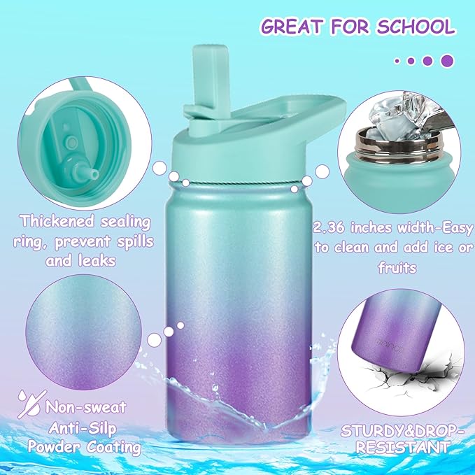 Mininoo Insulated Kids Water Bottle, 12 oz Stainless Steel Water Bottle Kids with Straw Lid and Chug Lid for Girls, Boys (Aurora)