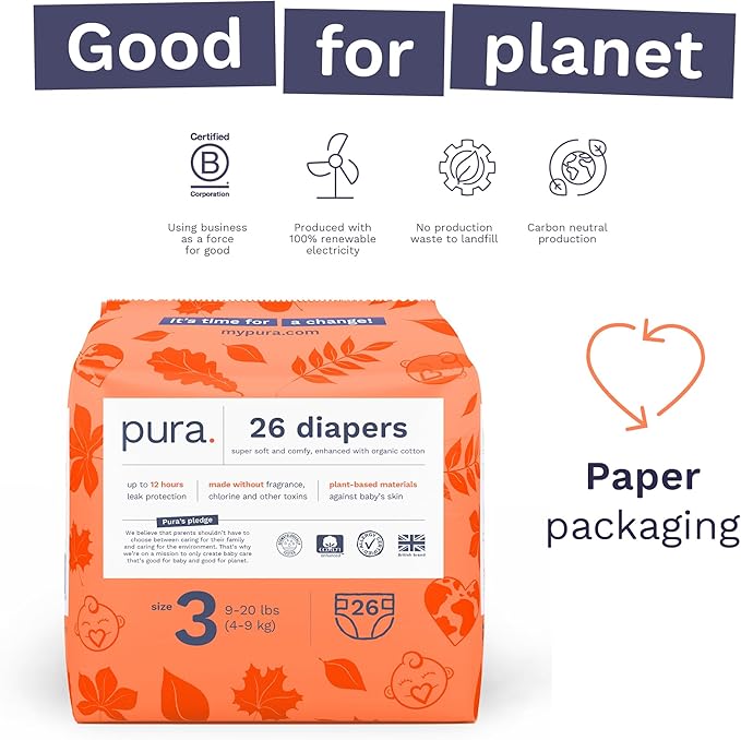 Pura Hypoallergenic Diapers, Size 3 (9-20 lbs) Monthly Pack, Overnight, up to 12 Hours Leak Protection, Suitable for Sensitive Skin, TCF, Super Soft Organic Cotton, 6 Packs of 26 (156 Baby Diapers)
