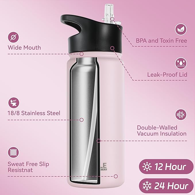 HASLE OUTFITTERS Insulated Water Bottle 16 oz Double Wall Vacuum Stainless Steel Water Bottle Leak Proof for School Wide Mouth with Straw Lid & Spout Lid Keeps Cold and Hot(Pink,8pack)