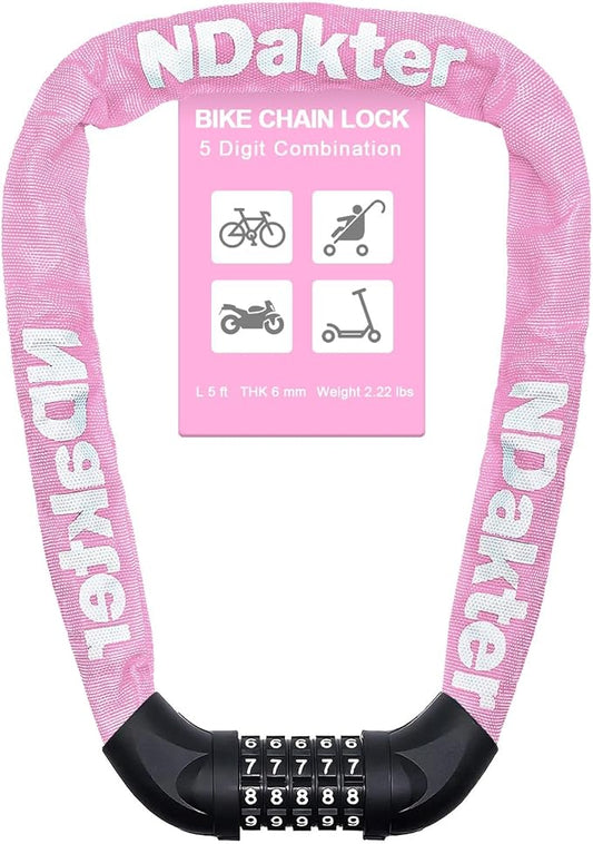NDakter Bike Chain Lock, 5 Digit Combination Heavy Duty Anti Theft Bicycle Chain Lock,2.62/3.2/4.27/5/6Ft Long Security Resettable Bike Locks for Bike, Bicycle, Scooter, Door, Gate, Fence-4/6mm Thick