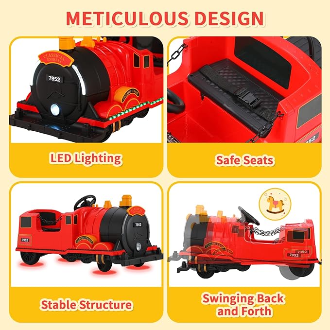 TLSUNNY Ride On Train Trackless, 12V Kids Battery Electric Train with 2-Seater，Detachable Carriage, Extra Storage, Colorful Lights & Music, Toddlers Car Toy for Boys & Girls Age 3+ (Red)