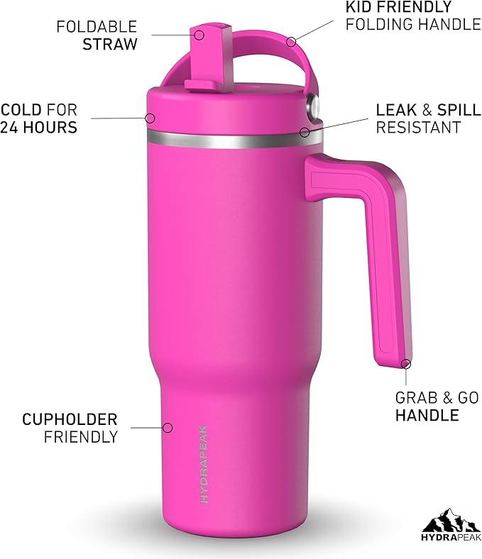 Hydrapeak Kids Voyager 18 oz Tumbler with Handle and Flip-Up Straw Lid | Spill Proof and Leak Resistant | Reusable Stainless Steel Water Bottle | Gift for Kids Boys Girls | Fuchsia
