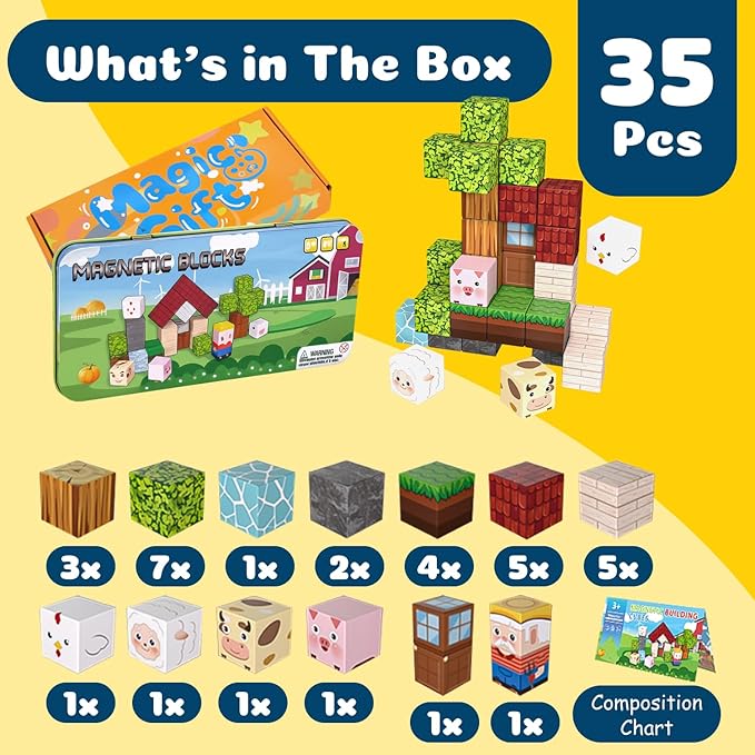 OAR Magnetic Blocks Farm Toys – Educational Magnetic Tiles & Building Set for Kids, Toddler Travel Toys with Portable Iron Box, STEM Birthday Gift for Boys, Girls & Toddlers Ages 3–8 Years Old