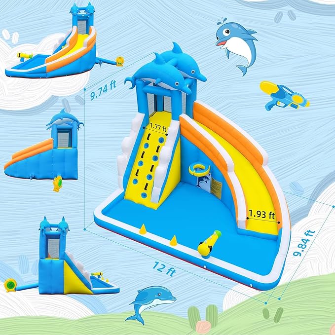 TOAOB Inflatable Water Slide,5 in 1 Dolphin Inflatable Bounce House for Kids- Climbing Wall Splash Pool Water Cannon Basketball Rim - 480W Blower - for Indoor Outdoor Backyard Birthday Party