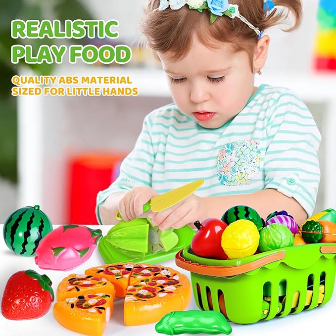 100 PCS Cutting Play Food Toy for Kids Kitchen, Pretend Food Toys for Toddlers, Play Kitchen Toys Accessories with 2 Baskets, Fake Food/Fruit/Vegetable, Birthday Gifts for 3 4 5 6 Years Old Boys Girls