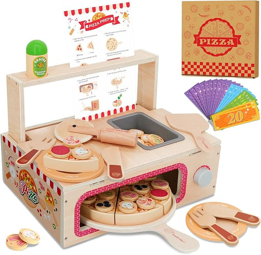 Wooden Pizza Toy Set for Kids, 68PCS Montessori Pretend Play Food Toys, Wooden Pizza Counter Playset with Bake Oven & Toy Dishes, Develop Imagination, Ideal Gift for Boys & Girls Aged 3+