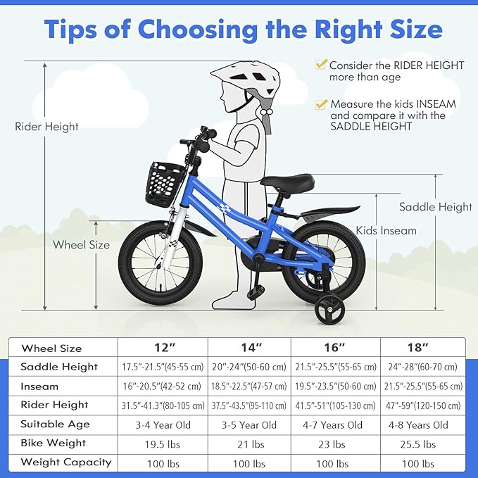 COSTWAY Kids Bike, 12 14 16 18 Inch Toddler Bike for Boys & Girls Aged 3-8 Years Old, Kids Bicycle w/Removable Training Wheels, Handbrake & Coaster Brake, Basket, Bell