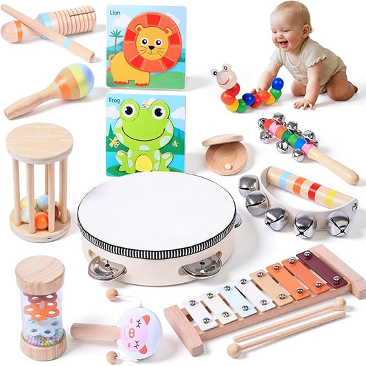 15 PCS Toddler Musical Instruments Montessori Toys for 3+ Year Old Boy Girl Birthday Gifts, Wooden Musical Instruments for Toddlers 3-6, Early Learning Musical Toys for Christmas& Birthday Boys Girls