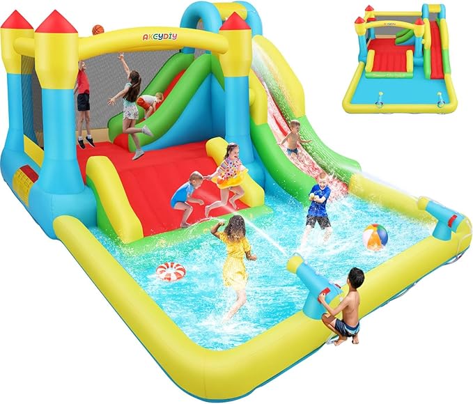 AKEYDIY Bounce House Water Slide, Inflatable Water Slide Park with with Long Slide, Pool, Climbing Wall, Water Gun for Outdoor, Blow up Water Slides Bounce House Castle for Kids Backyard(No Blower)