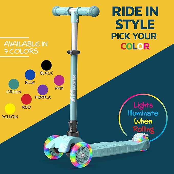 Lifemaster Mini 3-Wheel Kids Scooter with Multi-Color Wheel Lights – 4-Height Adjustable Handlebar, Wide Anti-Slip Deck, Child Safety Certified, Boys & Girls Ages 2+ Supports Up to 110 lbs