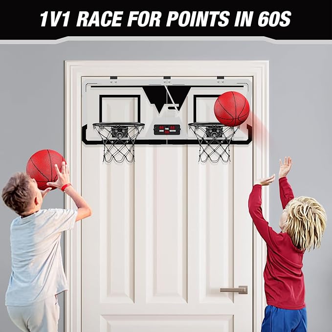 2 Player Basketball Game, Dual Shot Over The Door Mini Basketball Hoop Indoor with Scoreboard, Basketball Toy Gifts for Kids Boys Girls Adults, Suit for Bedroom/Office/Outdoor/Pool, Black