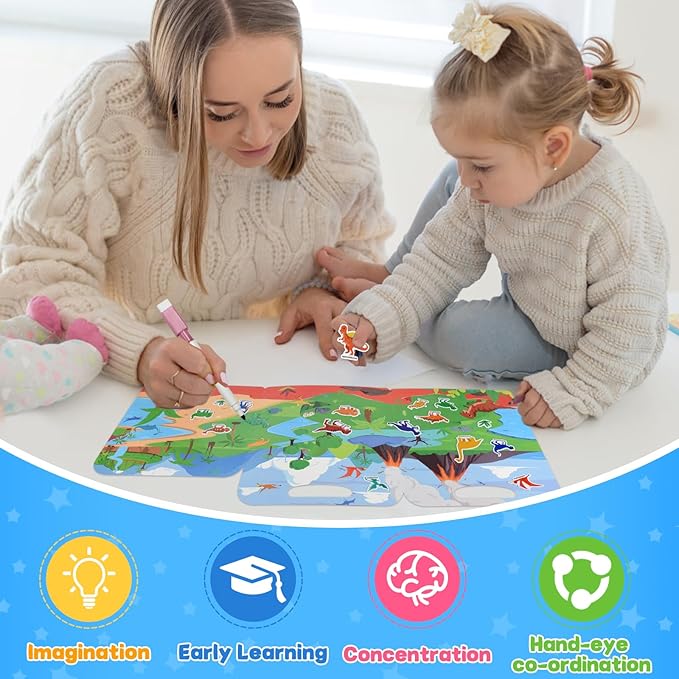 ASTARON 3 Pack Reusable 3D Puffy Sticker Book for Kids 3-6, Jelly Sticker Game Educational Sensory Learning Toy, Travel Toys and Busy Book(Dino Car Animal)