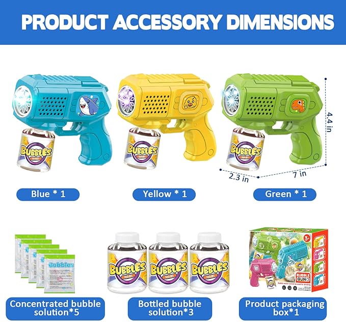 Bubble Guns with Bubble Solution- 3 Pack, Bubbles Gun, Blaster, Blower, Maker, Machine for Boys Girls, Birthday Gifts for Ages 3 4 5 6 7 8 Year Old Kid, Outdoor Toys for Toddlers, Party, Wedding