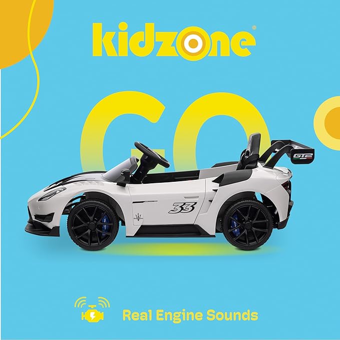 Kidzone 12V Ride On Car for Kids,Licensed Maserati GT2 Electric Battery Powered Sports Car Toy w/Remote Control & Manual Drive, LED Lights, Bluetooth & USB & AUX Port - White
