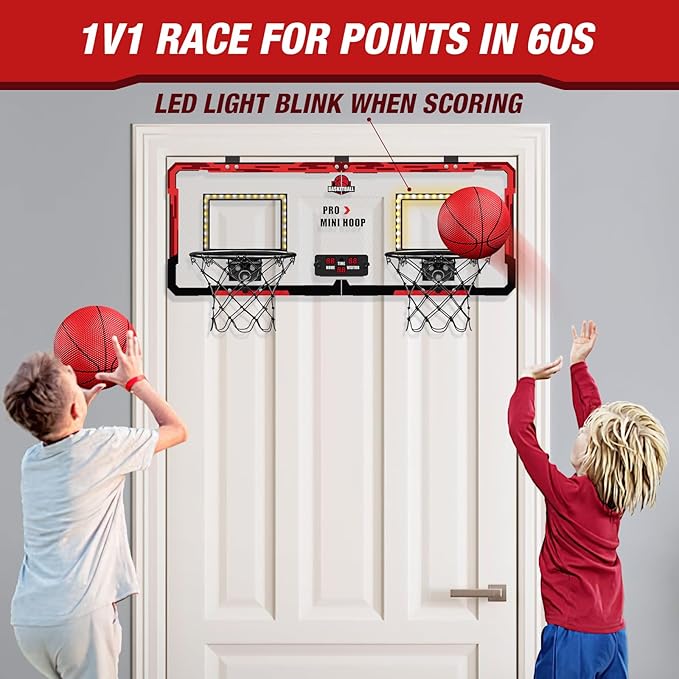 2 Player Basketball Game, Dual Shot Over The Door Mini Basketball Hoop Indoor with Scoreboard & LED, Basketball Toy Gifts for Kids Boys Girls Adults, Suit for Bedroom/Office/Outdoor/Pool, Red