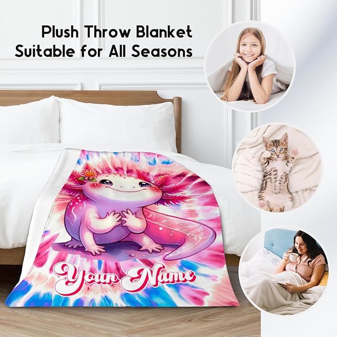 UNIKITTY Axolotl Blanket, Girls Blankets Gifts for Kids, Custom Tie Dye Throw for Toddlers, Personalized Cozy Fleece Throws for Sofa (4 Sizes)